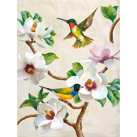 Magnolia and Birds Black Modern Wood Framed Art Print by Wang, Terry