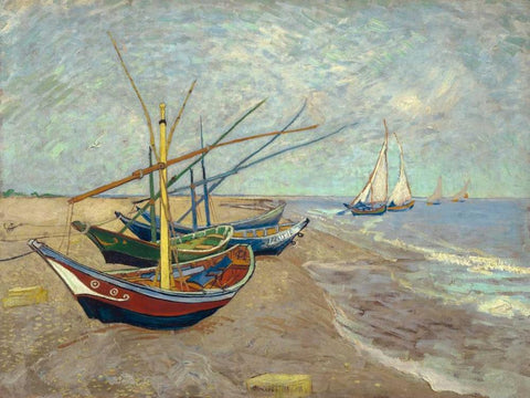 Fishing Boats on the Beach at Les Saintes-Maries-de-la-Mer White Modern Wood Framed Art Print with Double Matting by Van Gogh, Vincent