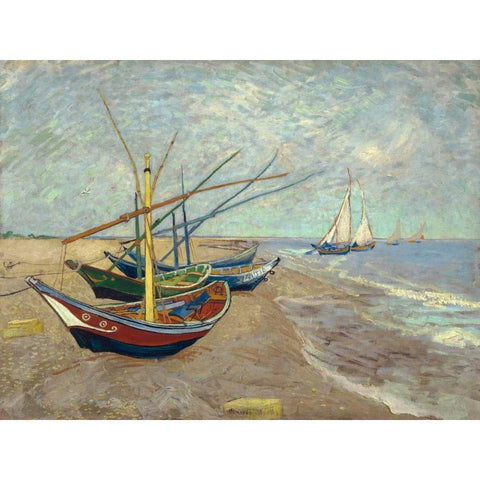 Fishing Boats on the Beach at Les Saintes-Maries-de-la-Mer Black Modern Wood Framed Art Print with Double Matting by Van Gogh, Vincent