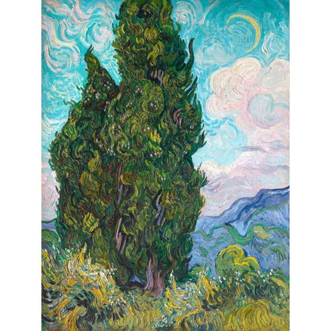 Cypresses Gold Ornate Wood Framed Art Print with Double Matting by Van Gogh, Vincent