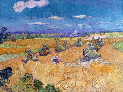 Wheat Fields with Reaper Auvers Black Ornate Wood Framed Art Print with Double Matting by Van Gogh, Vincent