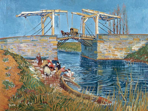 Langlois Bridge with women washing White Modern Wood Framed Art Print with Double Matting by van Gogh, Vincent