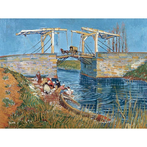 Langlois Bridge with women washing Gold Ornate Wood Framed Art Print with Double Matting by van Gogh, Vincent