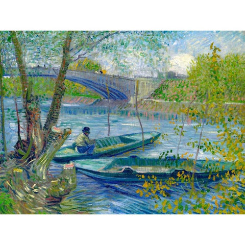 Fishing in Spring-the Pont de Clichy White Modern Wood Framed Art Print by van Gogh, Vincent