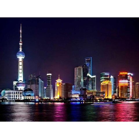 Shanghai at night Black Modern Wood Framed Art Print with Double Matting by Ratsenskiy, Vadim