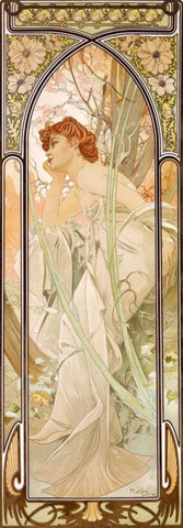 Times of the Day: Evening White Modern Wood Framed Art Print with Double Matting by Mucha, Alphonse