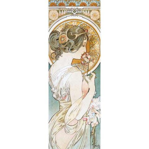 La Primevere Gold Ornate Wood Framed Art Print with Double Matting by Mucha, Alphonse