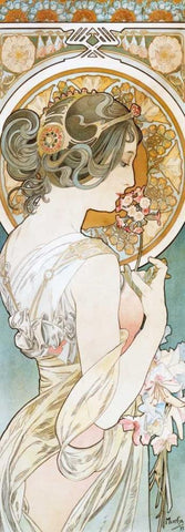 La Primevere White Modern Wood Framed Art Print with Double Matting by Mucha, Alphonse