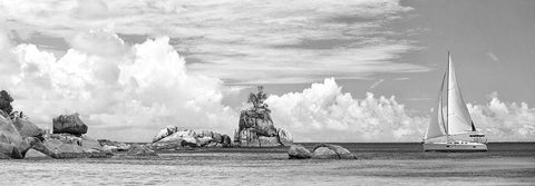 Sailboat at La Digue, Seychelles (BW) White Modern Wood Framed Art Print with Double Matting by Pangea Images