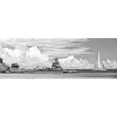 Sailboat at La Digue, Seychelles (BW) Black Modern Wood Framed Art Print by Pangea Images