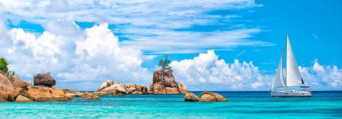 Sailboat at La Digue, Seychelles White Modern Wood Framed Art Print with Double Matting by Pangea Images