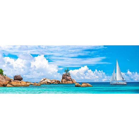 Sailboat at La Digue, Seychelles White Modern Wood Framed Art Print by Pangea Images