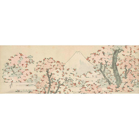 Mount Fuji with Cherry Trees in Bloom Black Modern Wood Framed Art Print with Double Matting by Hokusai, Katsushika