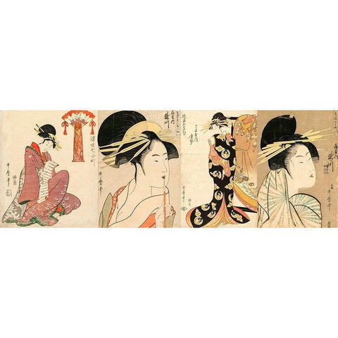 A Selection of Beautiful Women Gold Ornate Wood Framed Art Print with Double Matting by Utamaro, Kitagawa