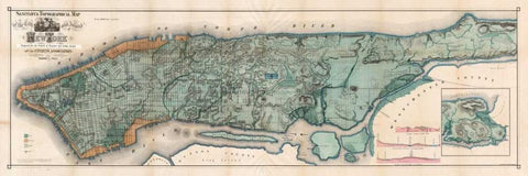 Map of Manhattan Island, 1865 Black Ornate Wood Framed Art Print with Double Matting by Anonymous