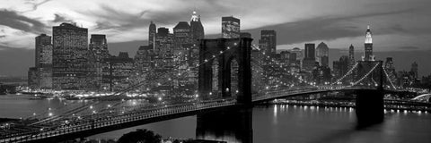 Brooklyn Bridge and Skyline White Modern Wood Framed Art Print with Double Matting by Berenholtz, Richard