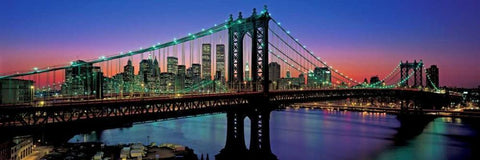 Manhattan Bridge and Skyline White Modern Wood Framed Art Print with Double Matting by Berenholtz, Richard