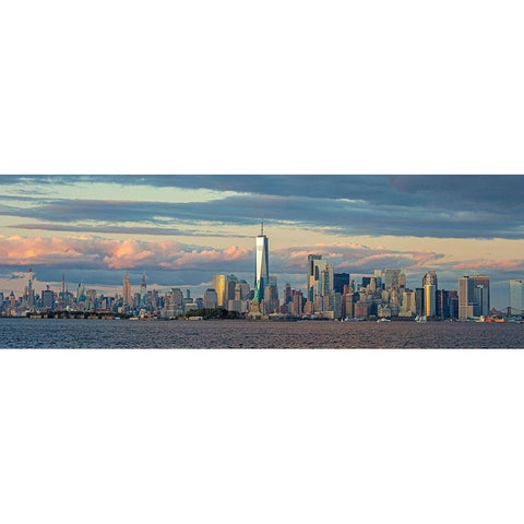 Manhattan with Statue of Liberty and One WTC Black Modern Wood Framed Art Print with Double Matting by Berenholtz, Richard