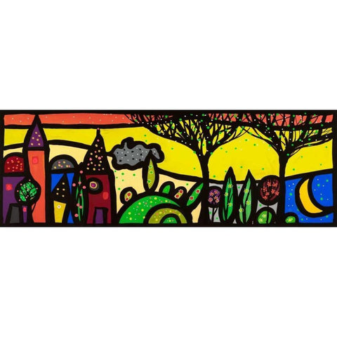 La luna canta sul piccolo borgo White Modern Wood Framed Art Print by Wallas