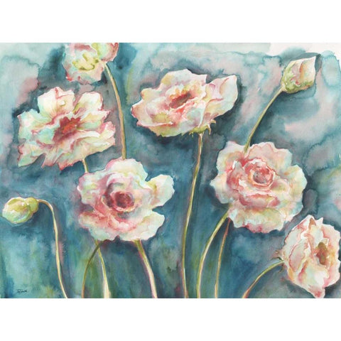 Pink Florals on Turquoise Landscape Gold Ornate Wood Framed Art Print with Double Matting by Tre Sorelle Studios