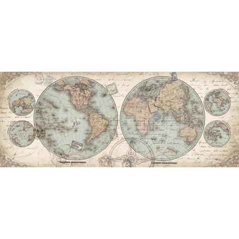 World Hemispheres Panel Gold Ornate Wood Framed Art Print with Double Matting by Tre Sorelle Studios