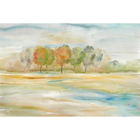 Watercolor Landscape with trees Black Modern Wood Framed Art Print with Double Matting by Coulter, Cynthia