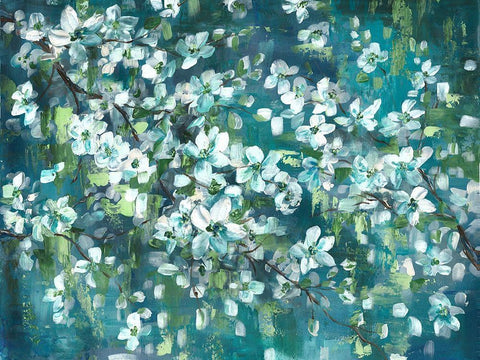 Teal Blossoms Landscape White Modern Wood Framed Art Print with Double Matting by Tre Sorelle Studios