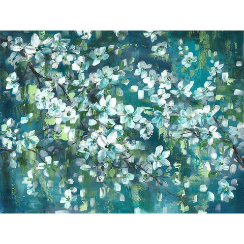 Teal Blossoms Landscape White Modern Wood Framed Art Print by Tre Sorelle Studios