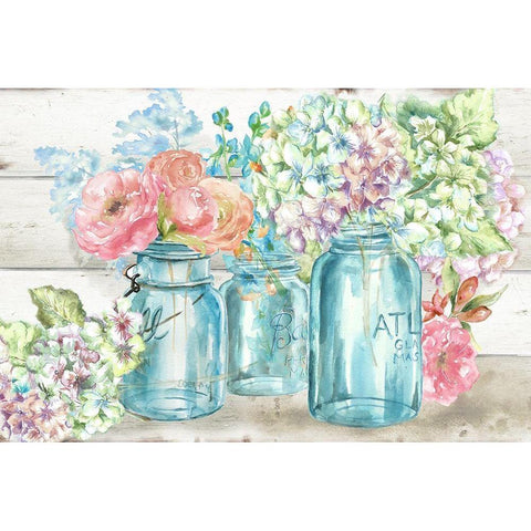 Colorful Flowers in Mason Jar Landscape Gold Ornate Wood Framed Art Print with Double Matting by Tre Sorelle Studios