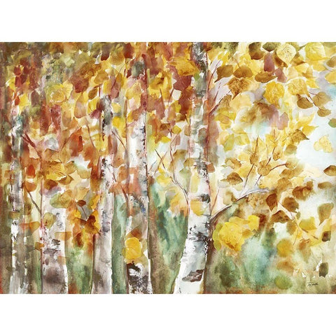 Watercolor Fall Aspens Gold Ornate Wood Framed Art Print with Double Matting by Tre Sorelle Studios