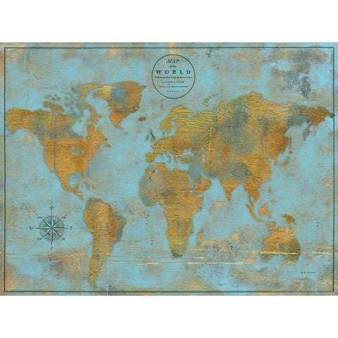 Rustic World Map Sky Blue Gold Ornate Wood Framed Art Print with Double Matting by Elaine-Cusson, Marie