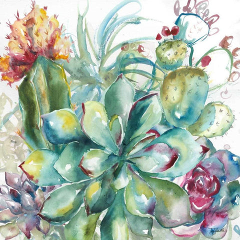 Succulent Garden Watercolor I White Modern Wood Framed Art Print with Double Matting by Tre Sorelle Studios