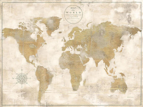 Rustic World Map Cream No Words Black Ornate Wood Framed Art Print with Double Matting by Cusson, Marie Elaine