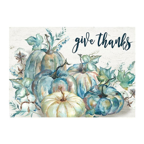 Blue Watercolor Harvest Pumpkin Landscape Give Thanks Black Modern Wood Framed Art Print with Double Matting by Tre Sorelle Studios