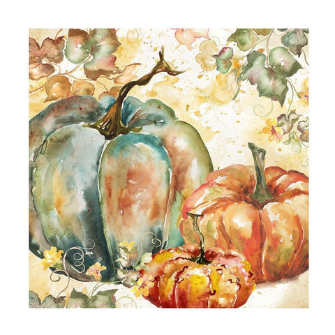 Watercolor Harvest Teal and Orange Pumpkins I Gold Ornate Wood Framed Art Print with Double Matting by Tre Sorelle Studios