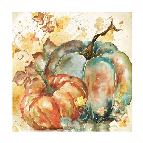 Watercolor Harvest Teal and Orange Pumpkins II Gold Ornate Wood Framed Art Print with Double Matting by Tre Sorelle Studios