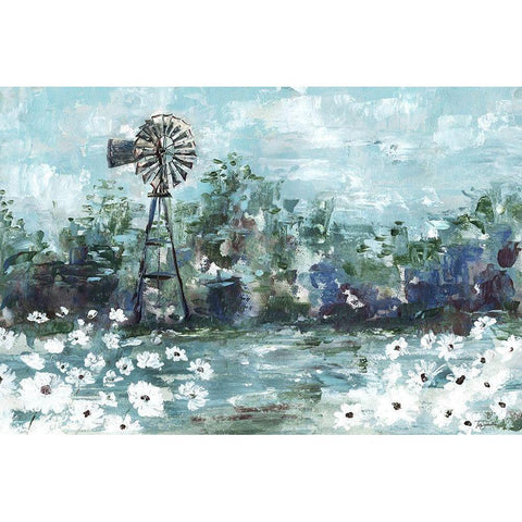 Windmill and Daisies Landscape Black Modern Wood Framed Art Print with Double Matting by Tre Sorelle Studios