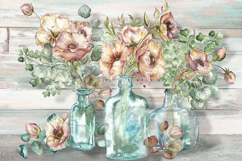 Blush Poppies and Eucalyptus in bottles landscape Black Ornate Wood Framed Art Print with Double Matting by Tre Sorelle Studios