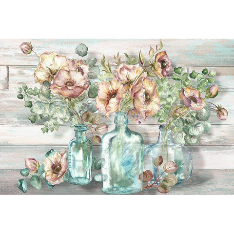 Blush Poppies and Eucalyptus in bottles landscape Black Modern Wood Framed Art Print with Double Matting by Tre Sorelle Studios