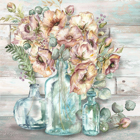 Blush Poppies and Eucalyptus Still Life Gold Ornate Wood Framed Art Print with Double Matting by Tre Sorelle Studios