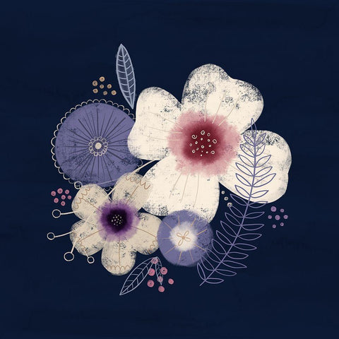 Cream Florals on Navy II Black Modern Wood Framed Art Print with Double Matting by Noonday Design