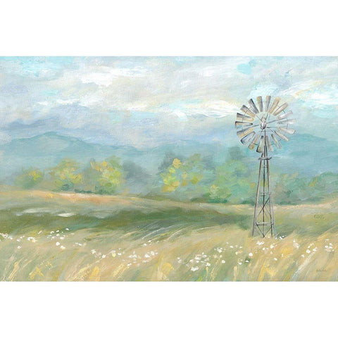 Country Meadow Windmill Landscape White Modern Wood Framed Art Print by Coulter, Cynthia