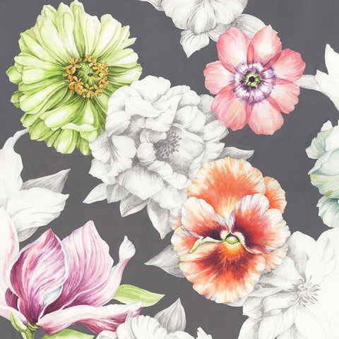 Floral Sketch on Grey Black Modern Wood Framed Art Print with Double Matting by Wicks, Jane