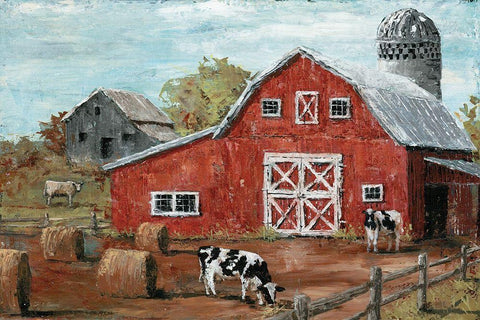 Red Country Barn White Modern Wood Framed Art Print with Double Matting by Cusson, Marie-Elaine