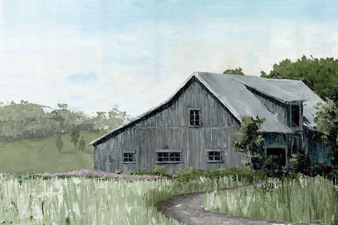 Flower Field Barn White Modern Wood Framed Art Print with Double Matting by Cusson, Marie-Elaine