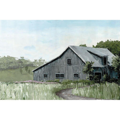 Flower Field Barn Gold Ornate Wood Framed Art Print with Double Matting by Cusson, Marie-Elaine