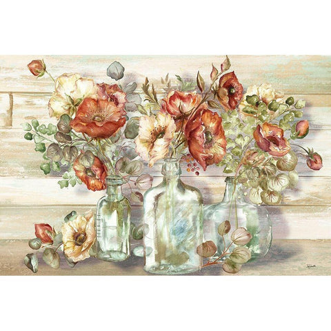 Spice Poppies and Eucalyptus in bottles Landscape Black Modern Wood Framed Art Print with Double Matting by Tre Sorelle Studios