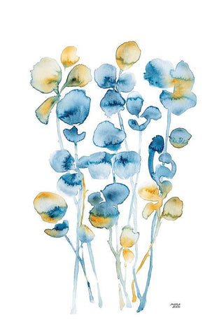 Blue and Gold Watercolor Floral Black Ornate Wood Framed Art Print with Double Matting by Bijou, Andrea