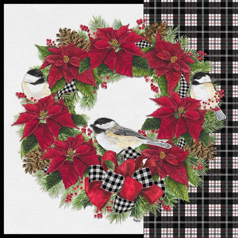 Chickadee Christmas Red V Wreath White Modern Wood Framed Art Print with Double Matting by Reed, Tara