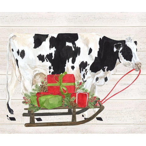 Christmas on the Farm I-Cow with Sled Gold Ornate Wood Framed Art Print with Double Matting by Reed, Tara